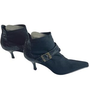 Donald J. Pliner Black Pointed Toe Stretch & Leather Croc Kitten Heel Booties